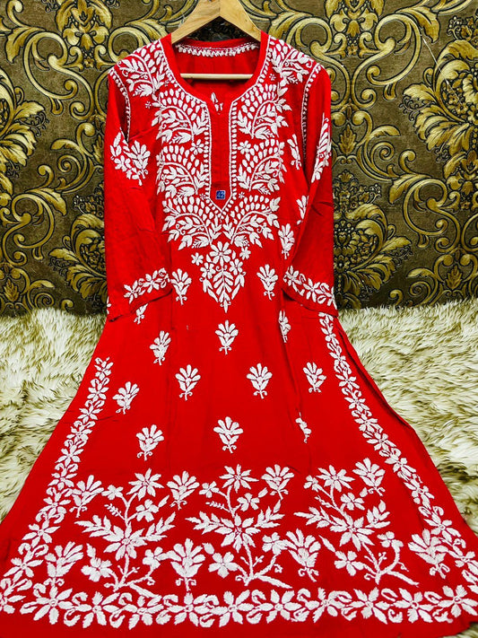 Red Exquisite Lucknowi Chikankari Modal Kurti with White Rayon Palazzo - Inayakhan Shop 