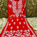 Red Exquisite Lucknowi Chikankari Modal Kurti with White Rayon Palazzo
