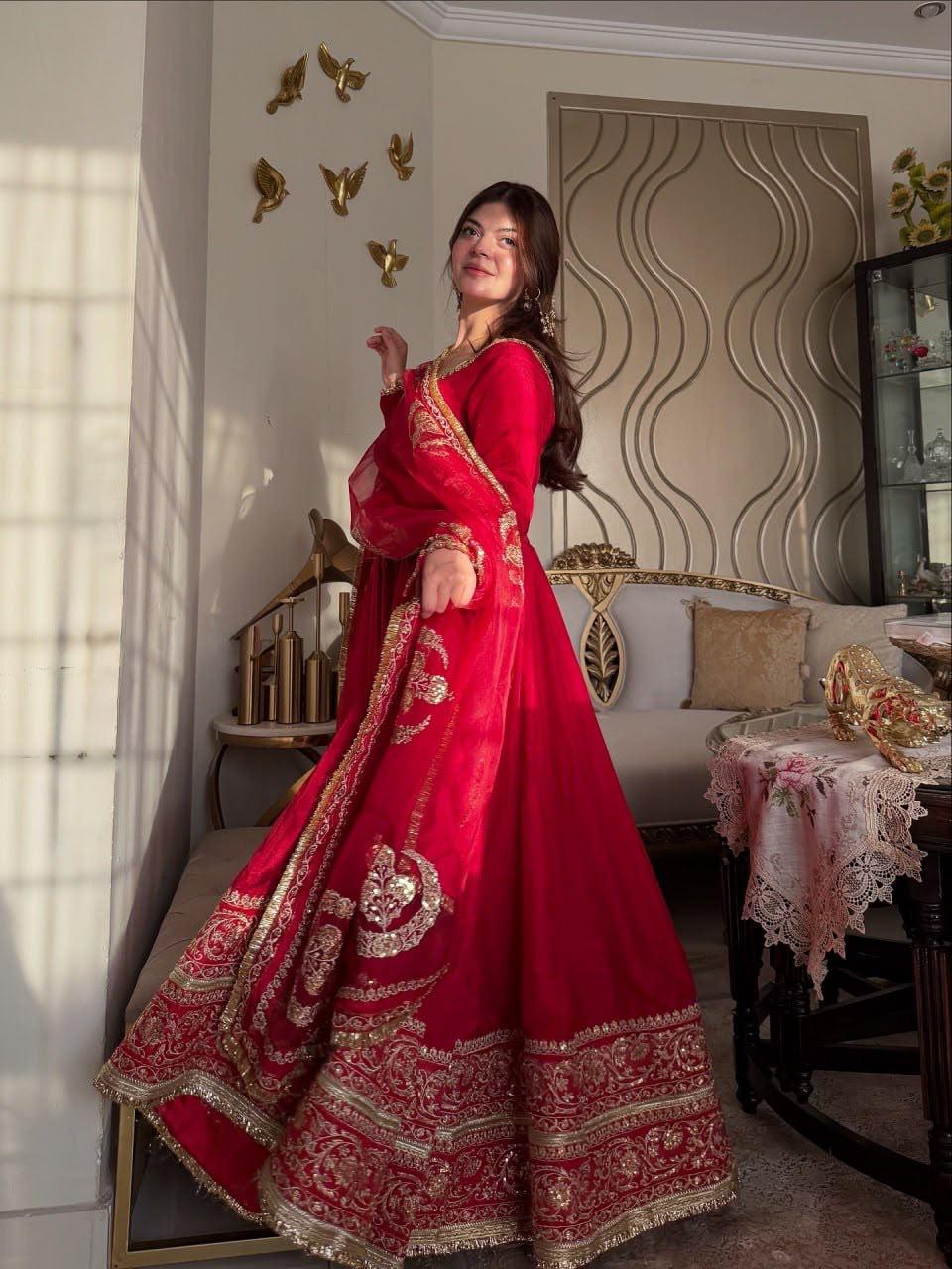 Red Fendy silk designer gown set with sequin embroidered dupatta front view