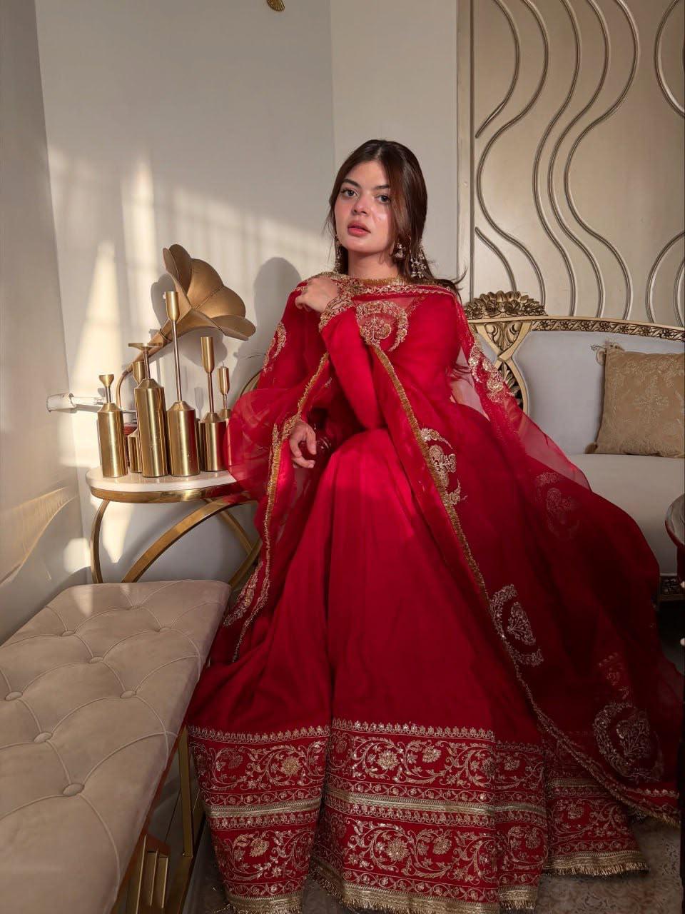 Red full-flare Fendy silk gown with embroidered dupatta lifestyle view