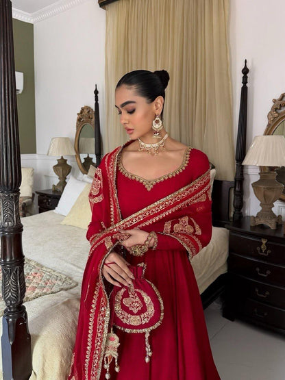 Red Fendy silk gown neckline and embroidered dupatta detail