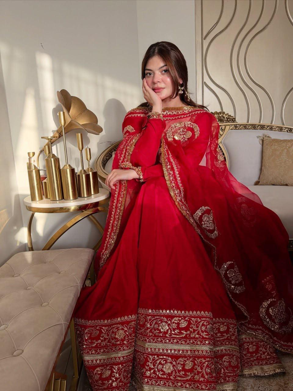 Red festive designer gown with sequin work dupatta