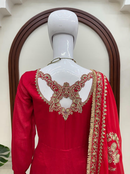 Red Fendy silk gown embroidered neckline close-up