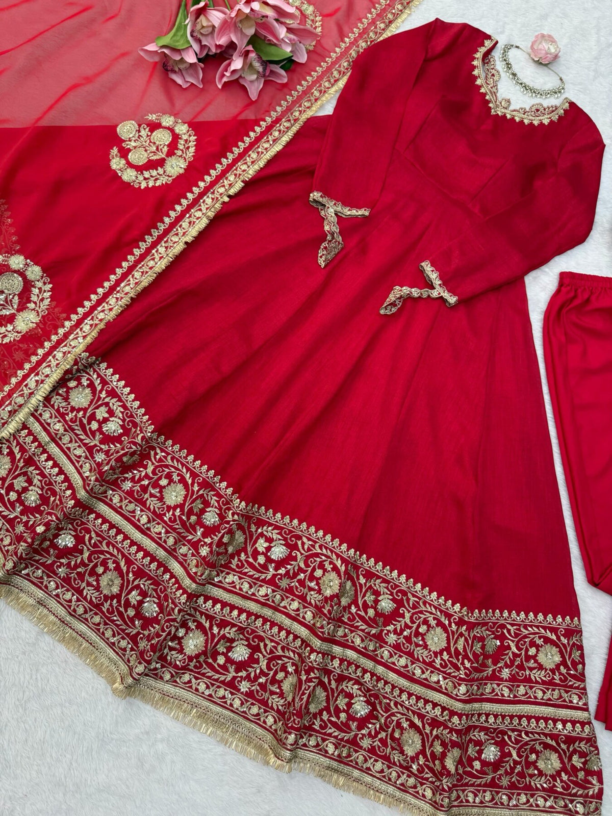 Red Fendy silk gown and sequin embroidered dupatta product detail