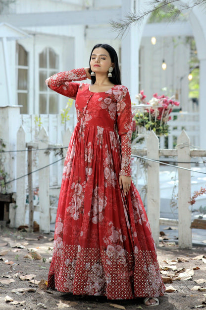 Red Floral Fantasy Georgette Designer Gown - Inayakhan Shop 