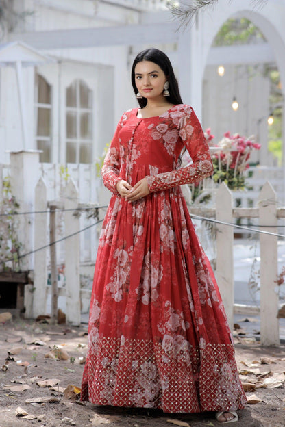 Red Floral Fantasy Georgette Designer Gown - Inayakhan Shop 