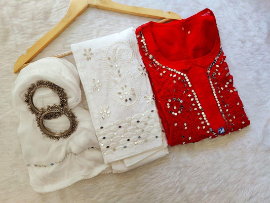 Red Georgette Mirror Gala Booti Chikankari Set with Beautiful Handwork Embroidery - Inayakhan Shop 
