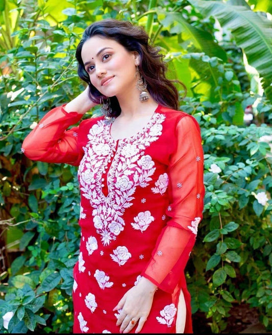 Red 🌹 Georgette Rose Keel Long Kurtis 🌹 Inner included - Inayakhan Shop 