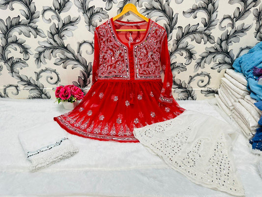 Red Glimmering Georgette Mirror Work Short Gown, Dupatta, and Sharara Full Combo Set - Inayakhan Shop 