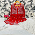 Red Glimmering Georgette Mirror Work Short Gown, Dupatta, and Sharara Full Combo Set