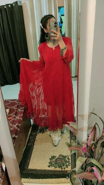 Red Graceful Georgette Kurti with Chikankari Sharara Set - Inayakhan Shop 