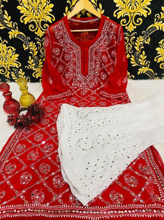 Red Graceful Lucknawi Georgette Chikankari Mirror Kurti with Mirror Sharara (INNER INCLUDED) - Inayakhan Shop 