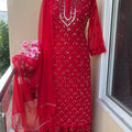 Red Karwa Chauth Lucknowi Handwork Mirror Work Ensemble