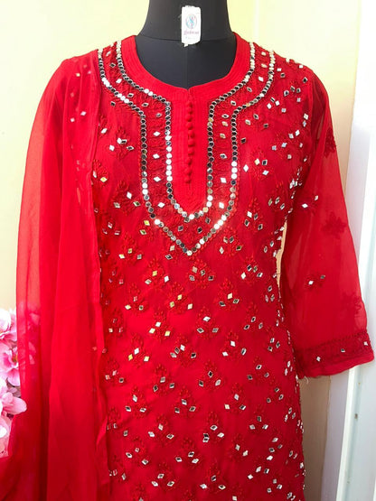 Red Karwa Chauth Lucknowi Handwork Mirror Work Ensemble - Inayakhan Shop 