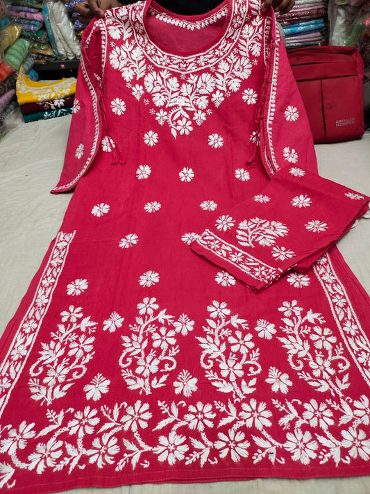 Red Lucknowi Chikankari Ghasspatti Handwork Kurti Pant Set with Designer Dori Sleeves - Inayakhan Shop 