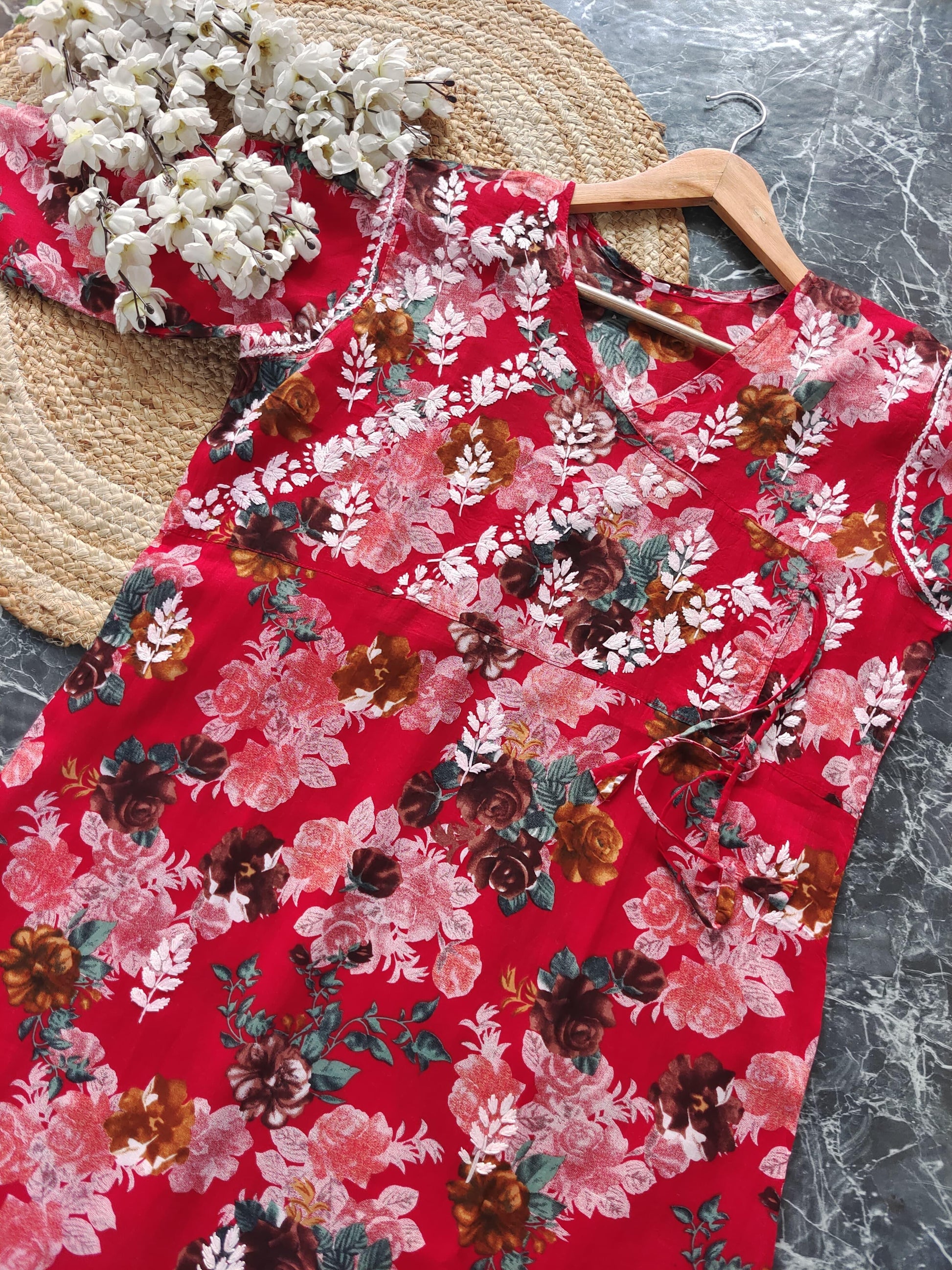 Red Mulmul Angarkha Style Floral Dori Long Chikankari Kurtis ✨ - Inayakhan Shop 