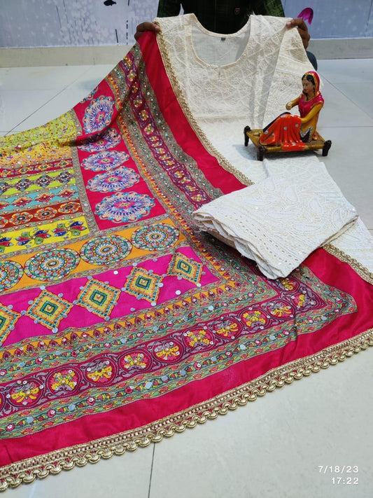 Red Multi Color Ethnic Prints Chikankari Elegance - Pakistani Dupatta & Kurti Palazzo Set - Inayakhan Shop 