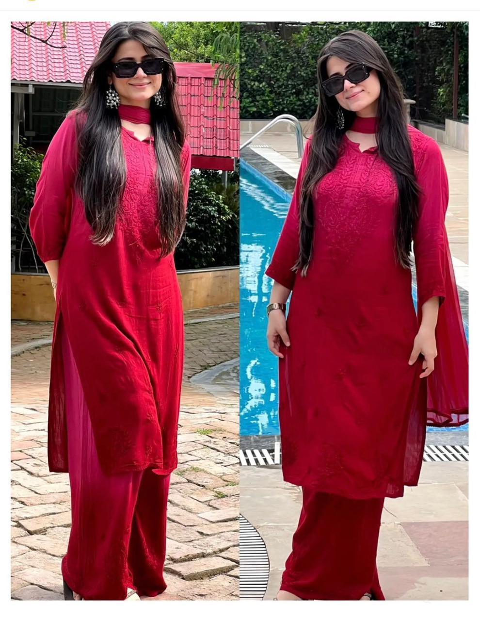 Red Ombré Rayon Tone-to-Tone Dyeable Kurti + Palazzo Set - Inayakhan Shop 