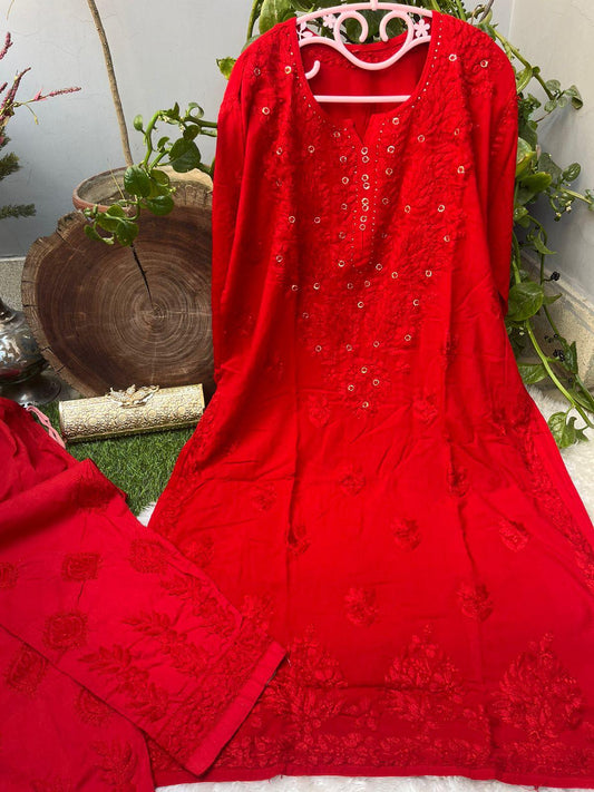 Red Opulent Rayon Set with Ring Mukesh Work Upto 5XL Plus size - Inayakhan Shop 