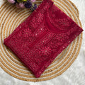 Red Premium Viscose Lucknow Chikankari Mukaish Hand Work Nyra Cut Kurti