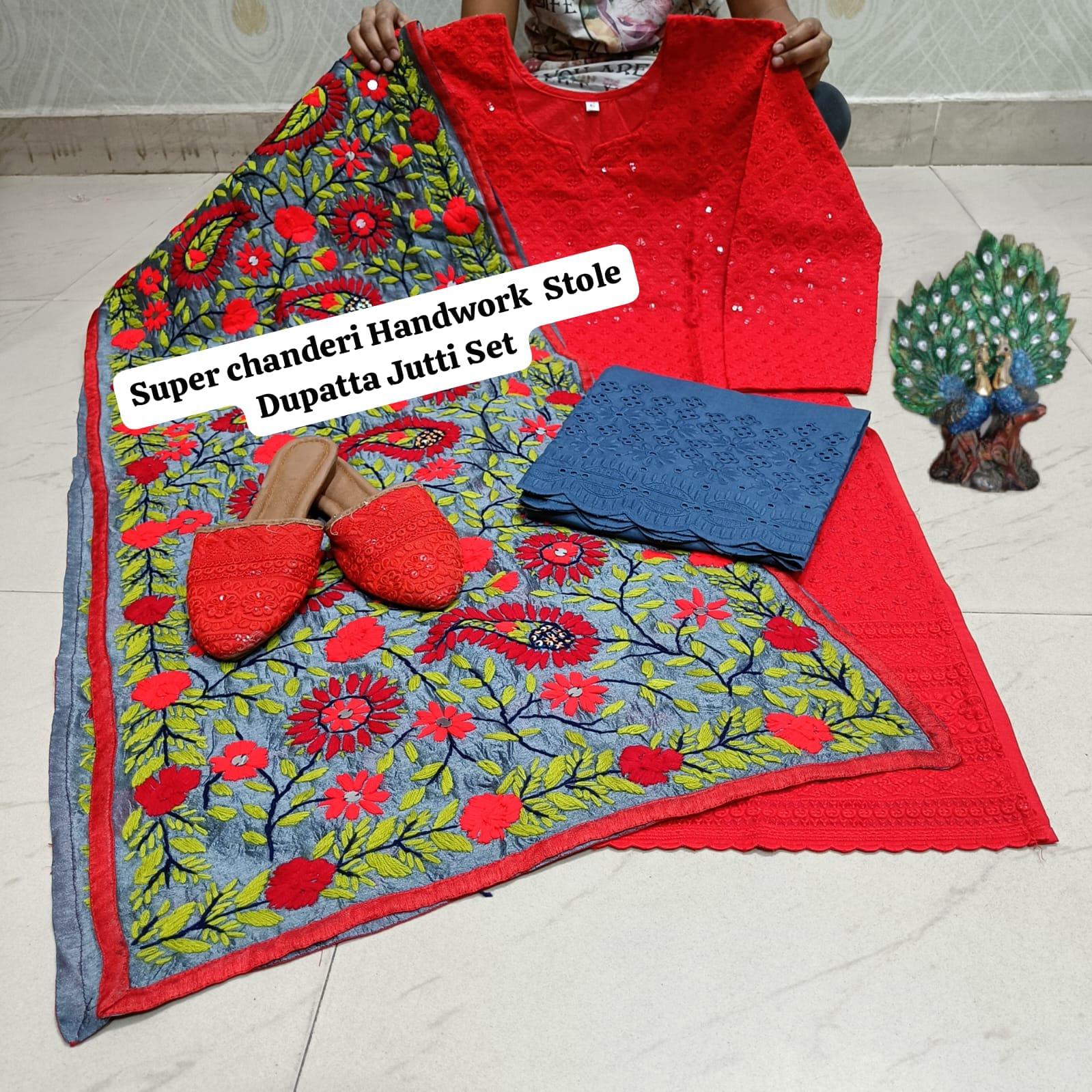 Red Pure Cambric Cotton Kurti with Beautiful Handwork Stole Dupatta Jutti Set - Inayakhan Shop 