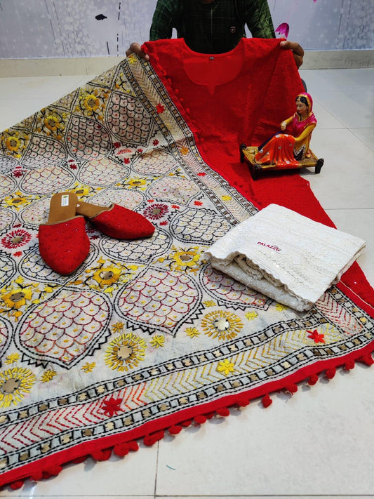 Red Pure Cotton Phulkari Suit with Beautiful Handmade Mirror Work Shopping Online - Inayakhan Shop 