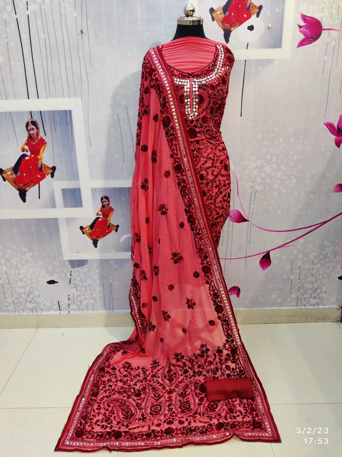 Red Pure Georgette Kashmiri Heavy Suit with Mirror Handwork Embroidery - Inayakhan Shop 