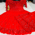 Red Radiant: Lucknawi Georgette Chikankari Mirror 56 Kali Set