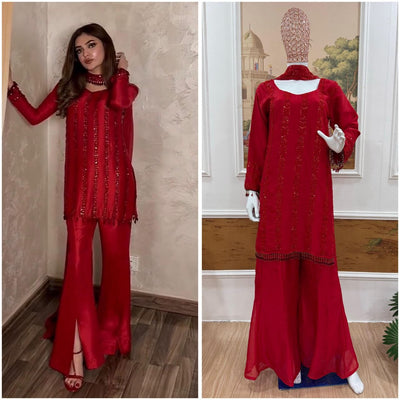 Red Rangoli Silk Kurti Plazzo Dupatta Set