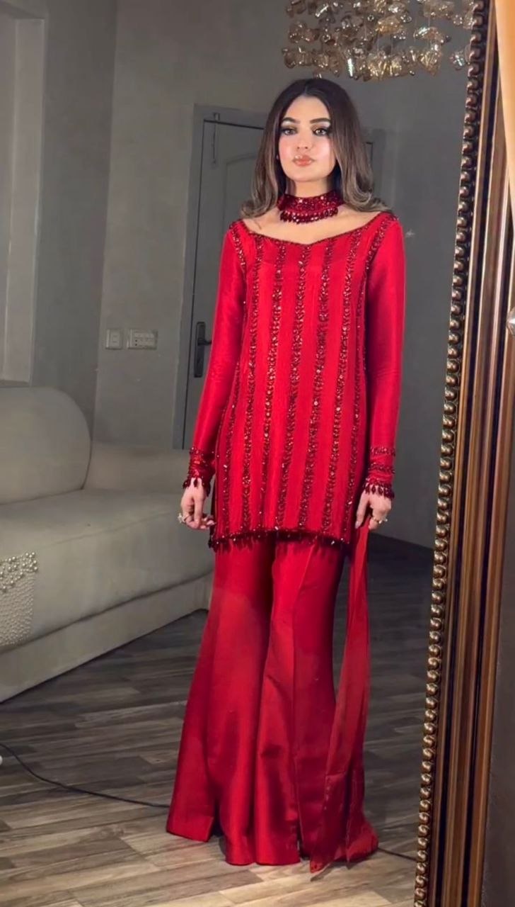 Red Rangoli silk kurti set