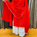 Red Ready-to-Wear Chikankari Kurti Sharara Dupatta 3-Piece Set