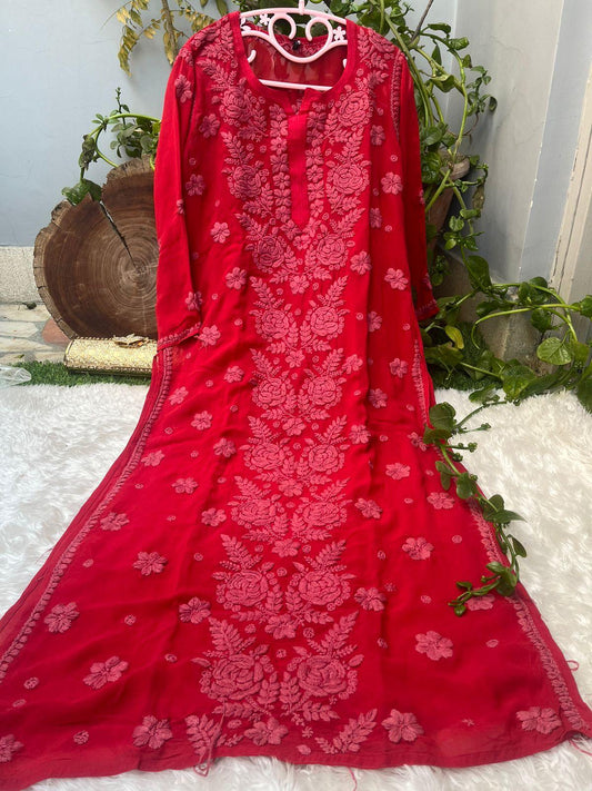 Red Rose Garden: 3D Viscose Embroidered Kurti - Inayakhan Shop 