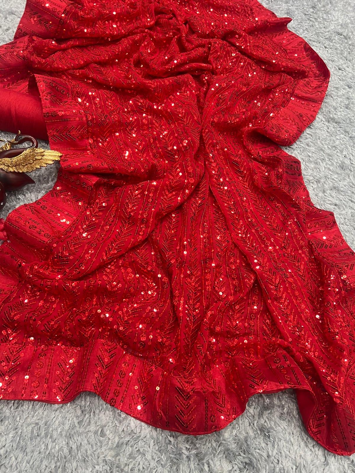 Red Sequins Saree for Teej - Inayakhan Shop 