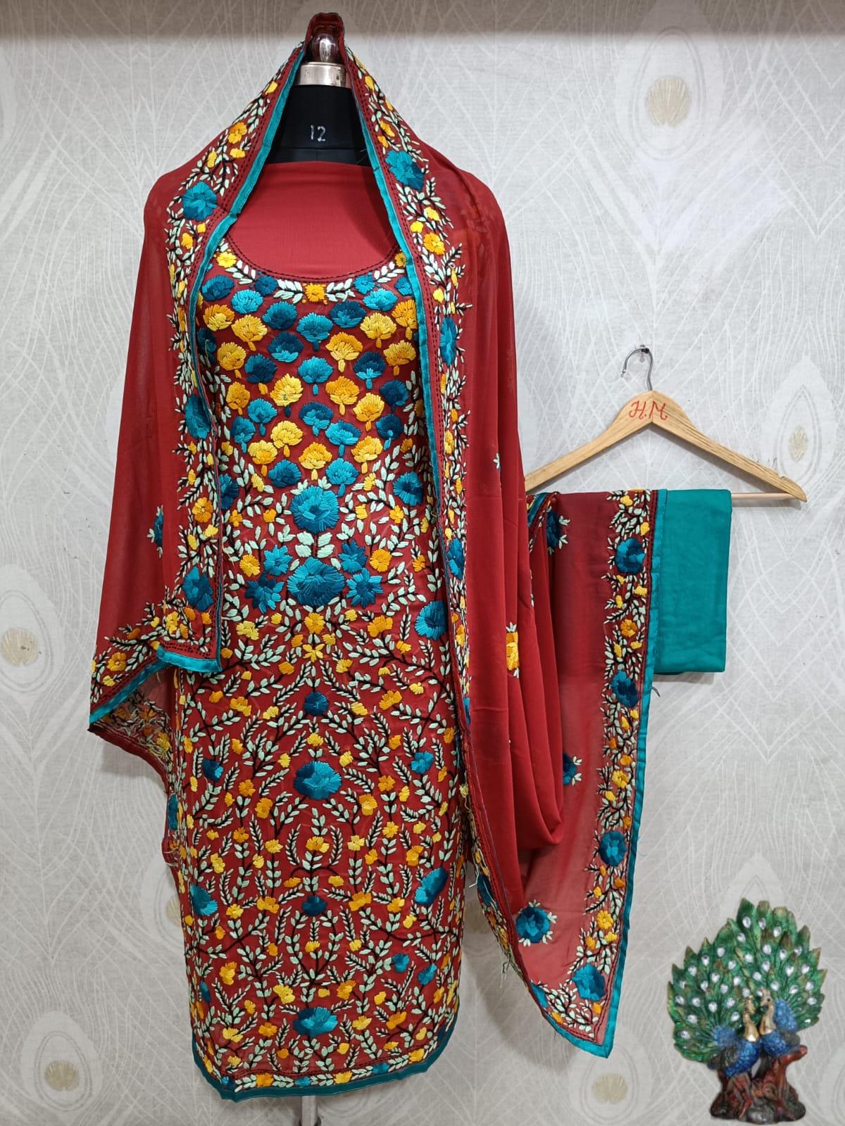 Red Special Georgette Phulkari Suit with Beautiful Floral Embroidery Shopping Online - Inayakhan Shop 