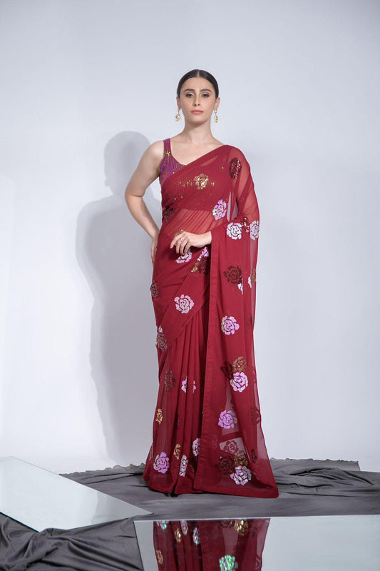 Red Stunning Heavy Georgette Saree with Fancy Sequins Embroidery - Inayakhan Shop 
