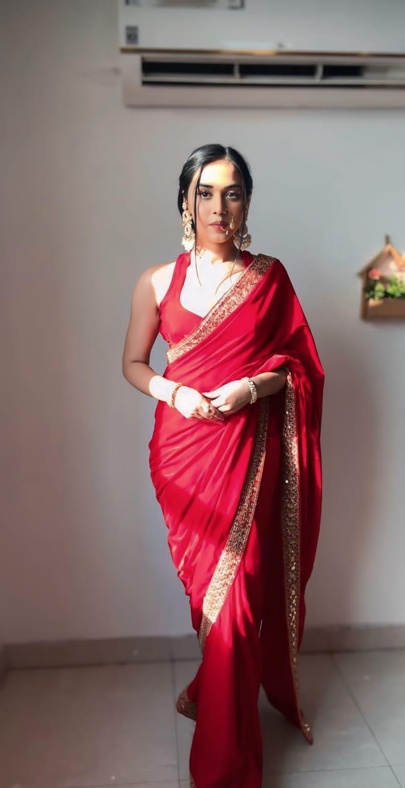 Red Velvet Elegance 1-Minute Saree Ready-To-Wear Saree Set - Inayakhan Shop 