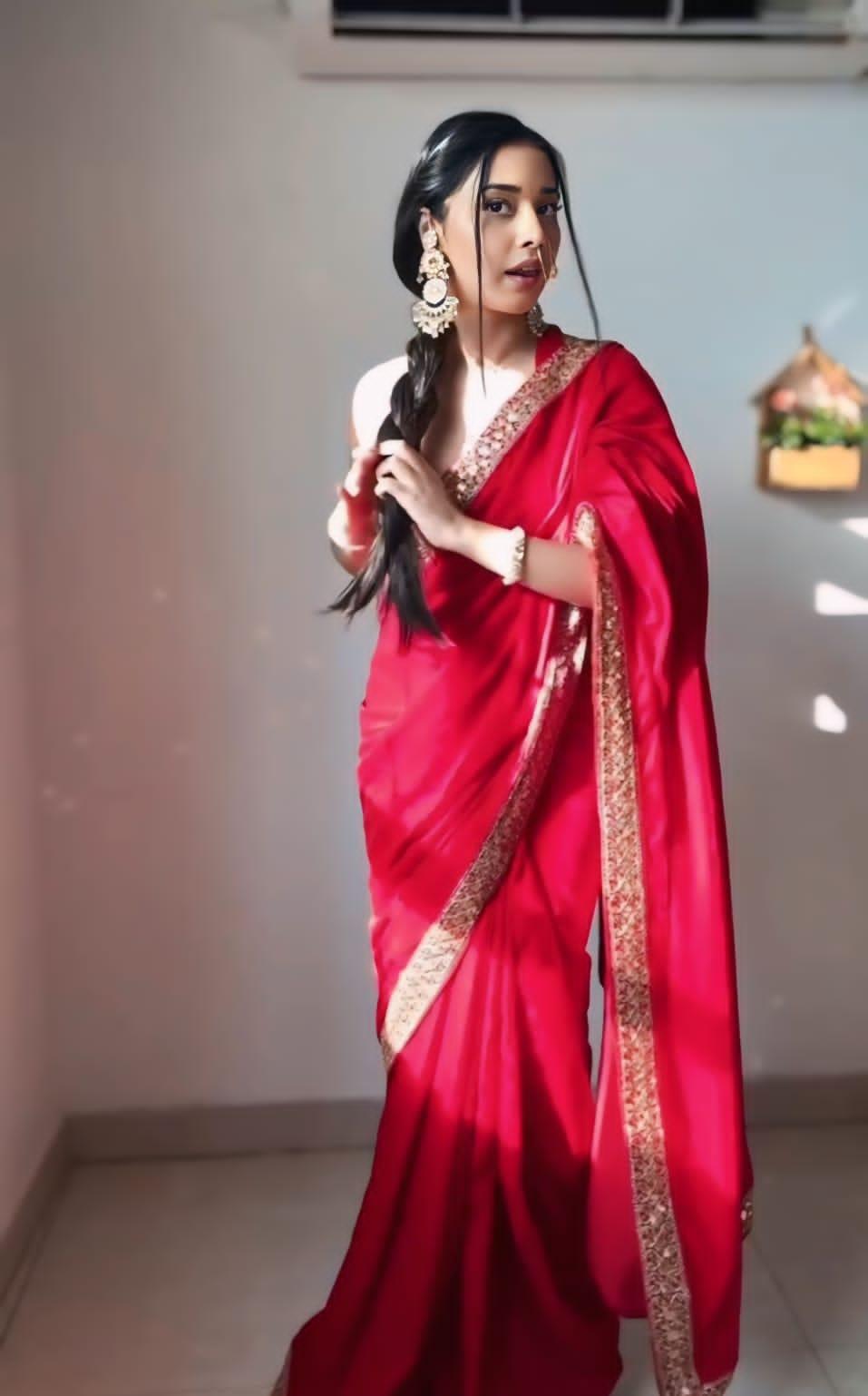 Red Velvet Elegance 1-Minute Saree Ready-To-Wear Saree Set - Inayakhan Shop 