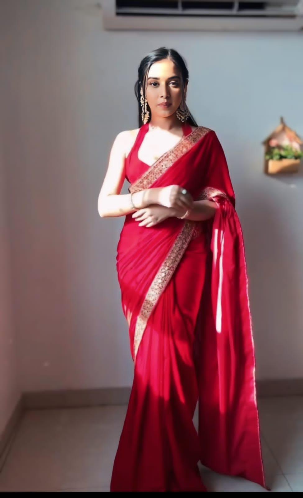 Red Velvet Elegance 1-Minute Saree Ready-To-Wear Saree Set - Inayakhan Shop 