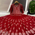 Red White Embroidery 56" Kali Chikankari Anarkali with Inner