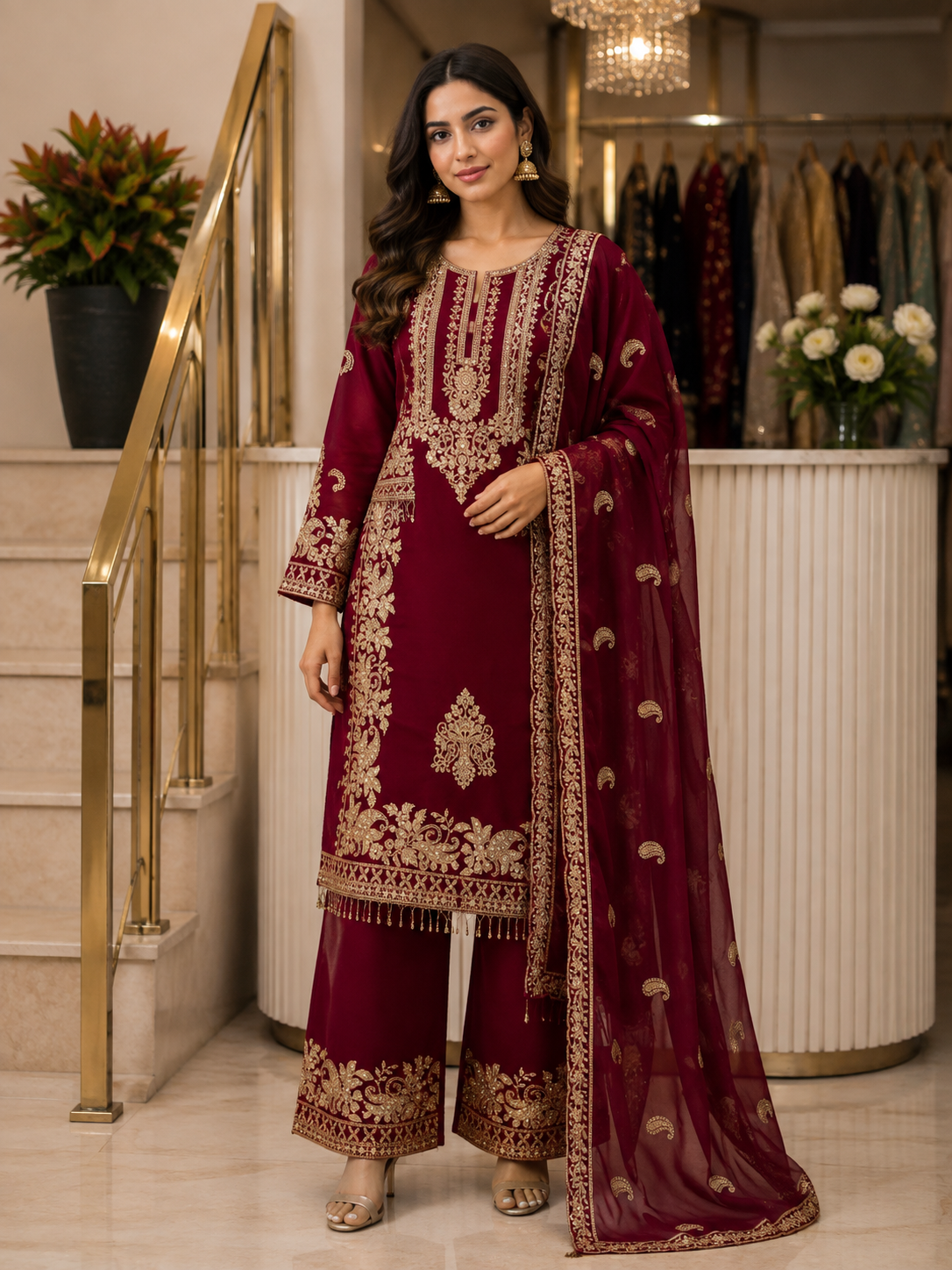 Red Heavy Faux Georgette Embroidered Sequin Top Palazzo Dupatta Set