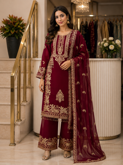 Red Heavy Faux Georgette Embroidered Sequin Top Palazzo Dupatta Set
