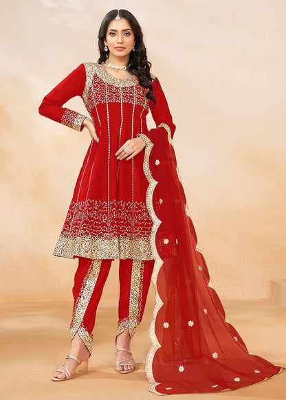 Red Dhoti Style Punjabi Salwar Suit with Zari & Sequins Embroidery