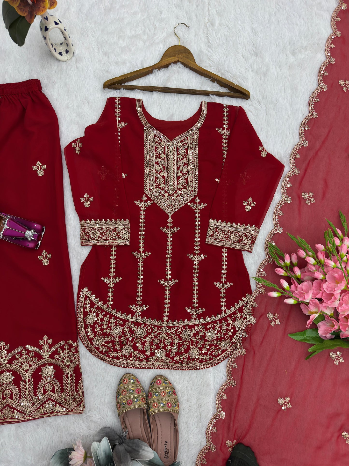 Red Designer Party Wear Faux Georgette Top, Palazzo & Dupatta Set