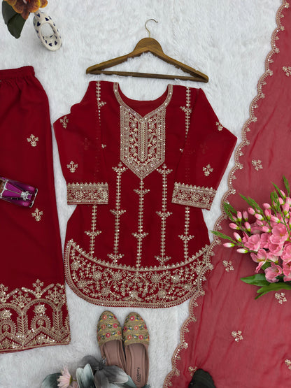 Red Designer Party Wear Faux Georgette Top, Palazzo & Dupatta Set