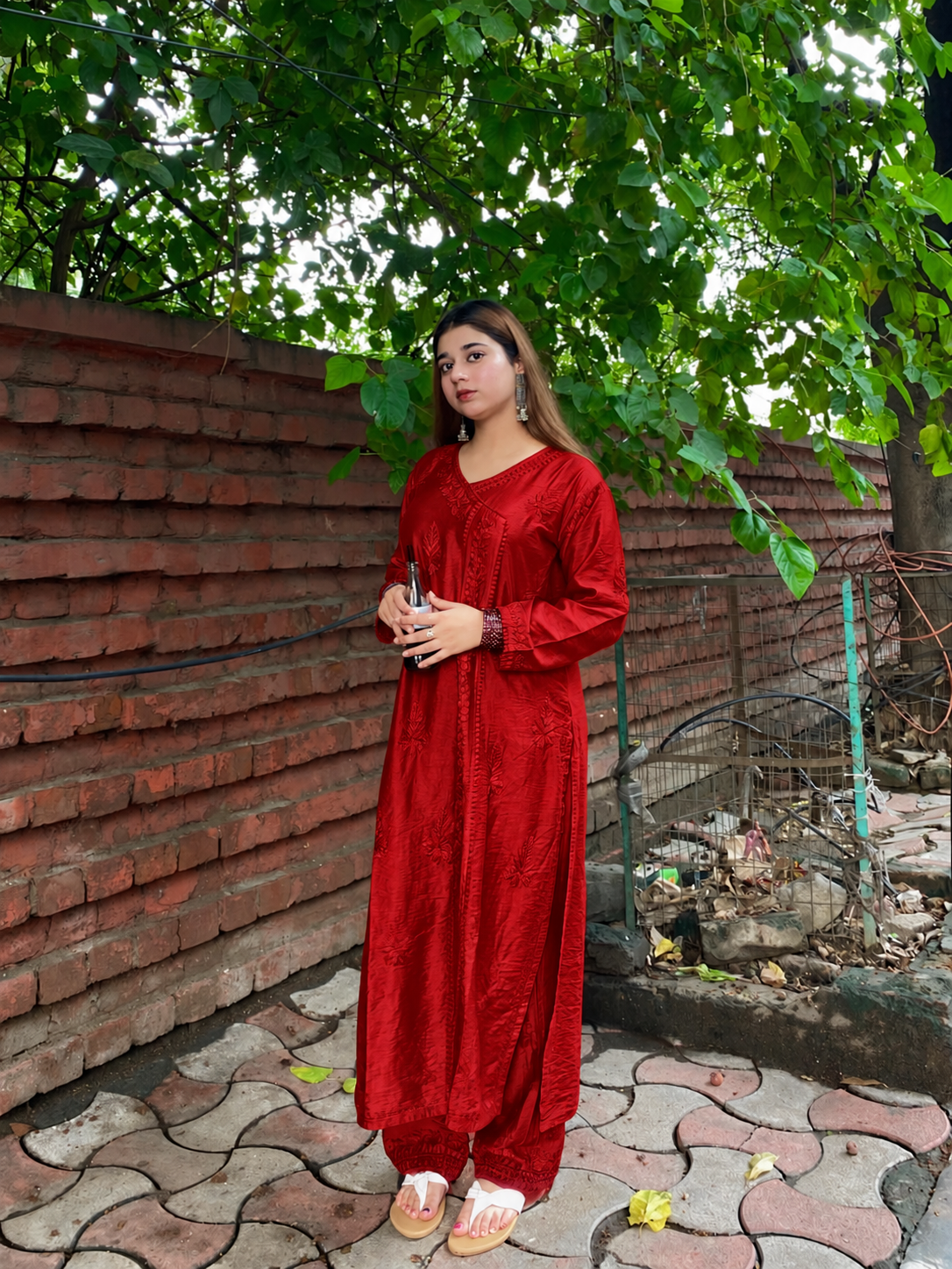 Premium Deep Red Chanderi Silk Lucknow Chikankari Kurti & Lace Pant Set (NEW)