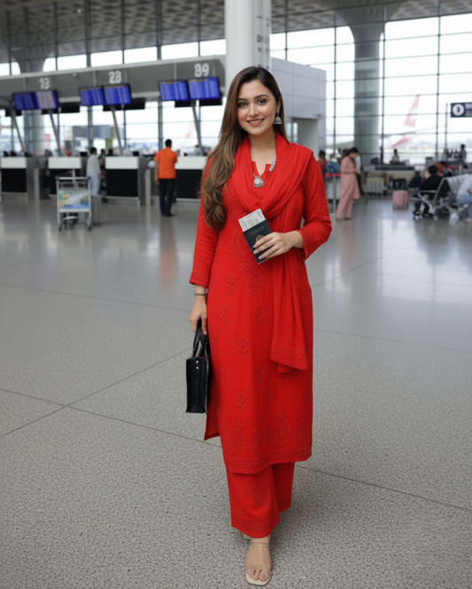 Red Plus Size Lucknow Chikankari Kurti Palazzo Set