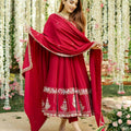Red Premium Roman Silk Multi-Embroidery Anarkali Suit Set