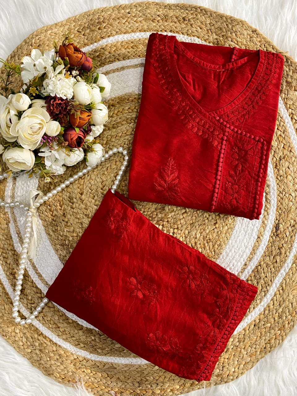 Premium Deep Red Chanderi Silk Lucknow Chikankari Kurti & Lace Pant Set (NEW)