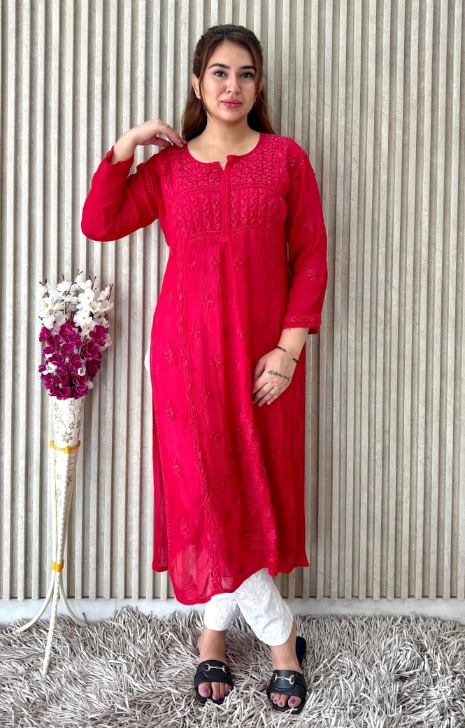 Red Chinon Nyra Style 3D handwork Lucknow Chikankari Kurti Set