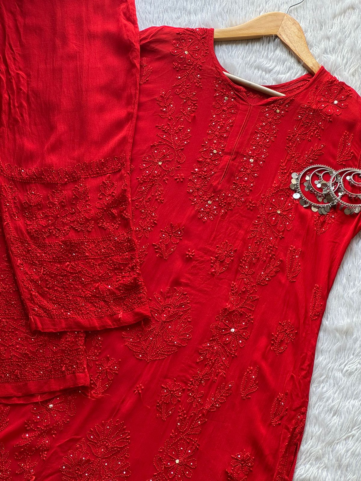 Elegant Red Viscose Lucknow Chikankari Mukaish Work Set